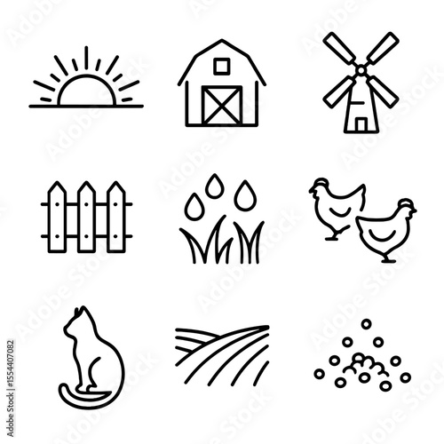 Sunrise Farm Icons. Outline icon set of sunrise farm landscape: rising sun, barn silhouette, windmill, fence line, dew drops on