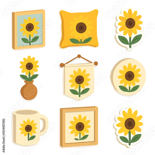 Sunflower Decor Icon Set. Isometric Flat icon set of sunflower art decor: sunflower painting, decorative pillow, wall decal,