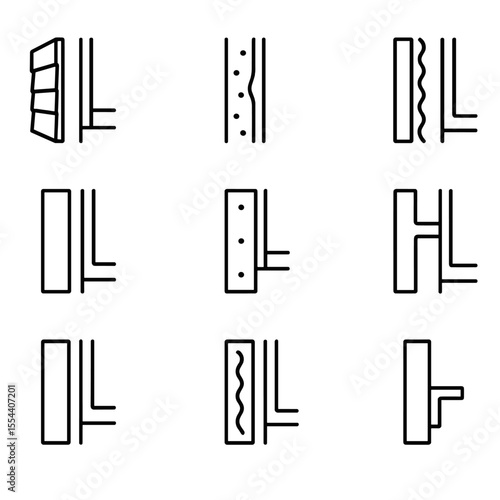 Wall Section Icons. Outline icon set of Wall Section with Façade Details: cladding panel, air cavity, weather barrier, insulation