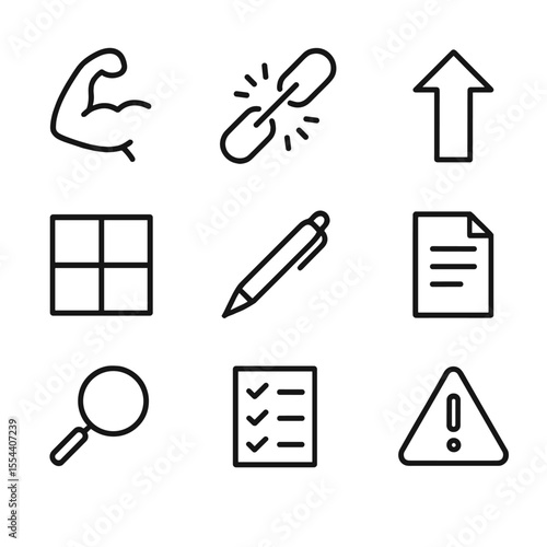 SWOT Analysis Icons. Outline icon set of SWOT analysis: strength muscle arm, weakness broken chain, opportunity upward arrow,