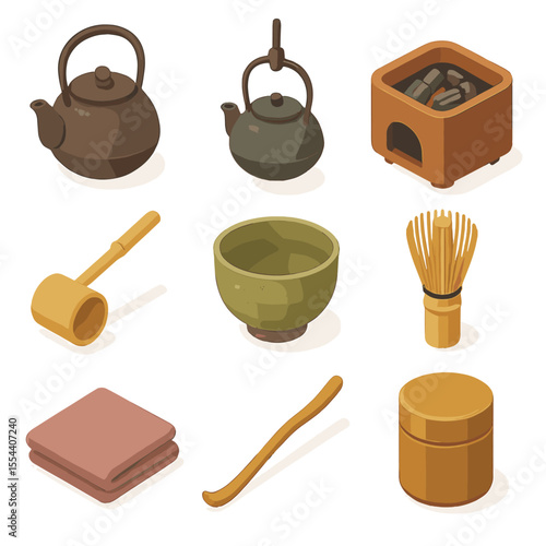 Tea Ceremony Icons. Isometric Flat icon set of tea ceremony: ceremonial kettle, hanging kettle, charcoal brazier, bamboo ladle,