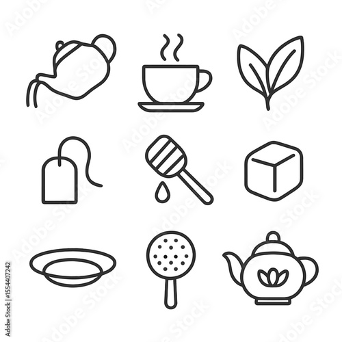 Tea Icon Set. Outline icon set of tea and relaxation: teapot pouring, teacup with steam, tea leaves, teabag tag, honey dipper,