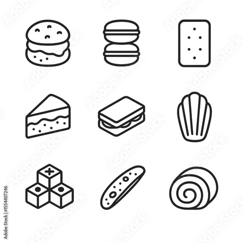 Tea Time Icons. Outline icon set of tea time snacks: scone with clotted cream, macarons, shortbread cookie, tea cake slice, finger