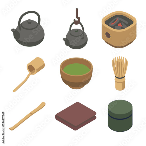 Tea Ceremony Icons. Isometric Flat icon set of tea ceremony: ceremonial kettle, hanging kettle, charcoal brazier, bamboo ladle,