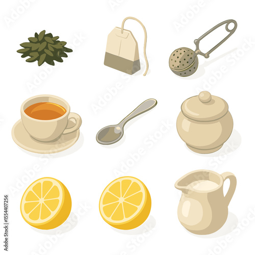 Tea Preparation Icons. Isometric Flat icon set of tea preparation: loose tea leaves, tea bag, infuser, teacup, saucer, teaspoon,
