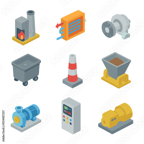 Waste-to-Energy Icons. Isometric Flat icon set of waste-to-energy conversion: incinerator furnace, heat exchanger, steam turbine,