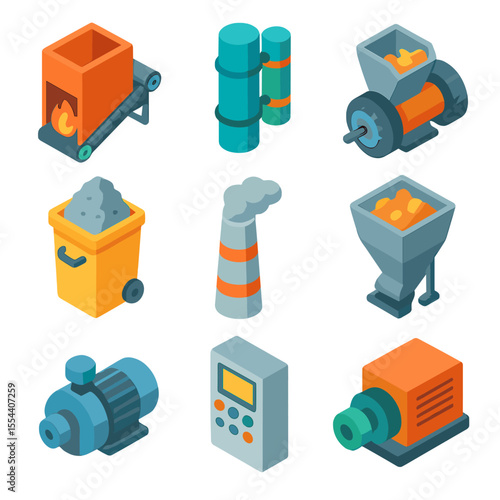 Waste-to-Energy Icons. Isometric Flat icon set of waste-to-energy conversion: incinerator furnace, heat exchanger, steam turbine,