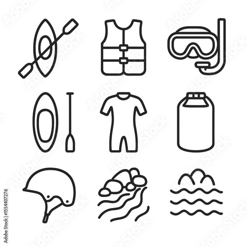 Water Sports Icons. Outline icon set of water sports adventure: kayak, paddle, life jacket, snorkel mask, paddleboard, wetsuit,