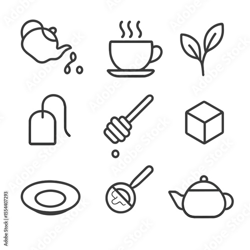 Tea Icon Set. Outline icon set of tea and relaxation: teapot pouring, teacup with steam, tea leaves, teabag tag, honey dipper,