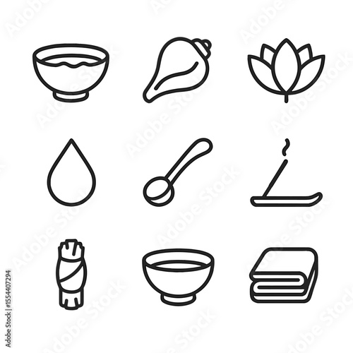 Water Purification Symbols. Outline icon set of Water Purification Rites: water bowl, conch shell, lotus flower, holy water