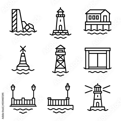 Waterfront Infrastructure Icons. Outline icon set of waterfront infrastructure: seawall, breakwater, lighthouse, harbor office,