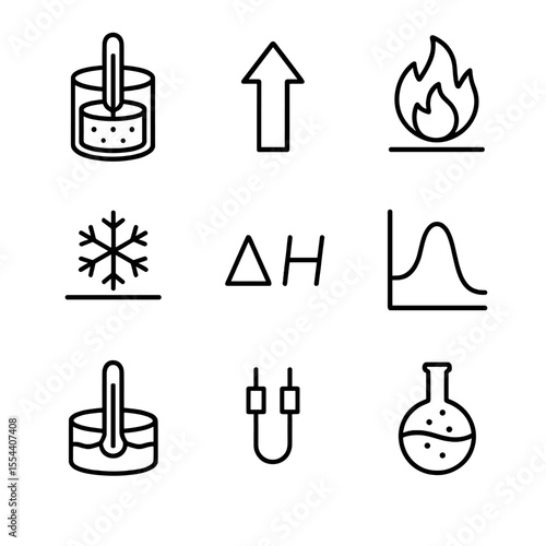 Thermochemistry Icon Set. Outline icon set of Thermochemistry and Energetics: calorimeter, heat flow arrow, exothermic reaction