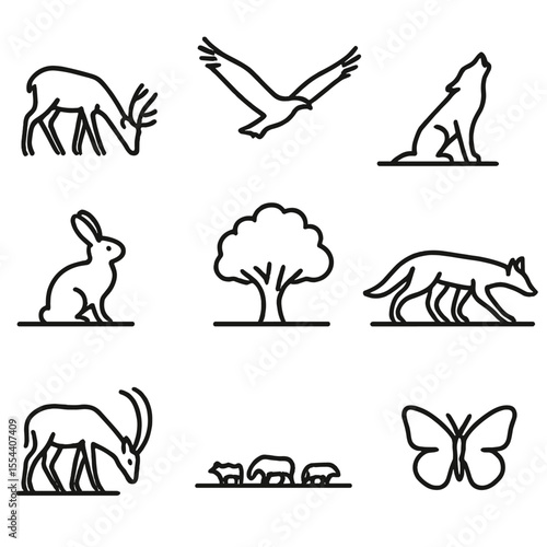 Wildlife Silhouette Icons. Outline icon set of wildlife silhouettes at sunset: deer grazing, soaring eagle, lone wolf howling,
