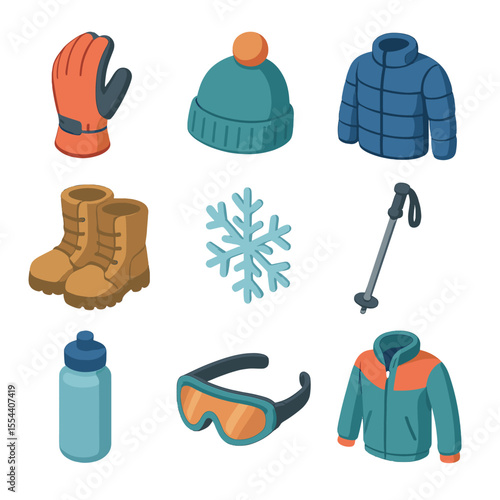 Winter Gear Icons. Isometric Flat icon set of winter outdoor training gloves: insulated glove, beanie hat, thermal jacket, snow