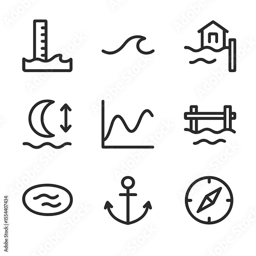 Tidal Influence Icons. Outline icon set of Tides and Moon Influence: tide gauge, tidal wave line, harbor with rising water, moon