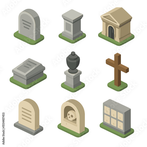 Tombstone Icon Set. Isometric Flat icon set of Tombstones and Grave Markers: headstone slab, cenotaph pedestal, mausoleum façade,