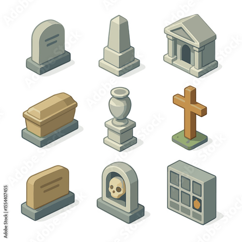 Tombstone Icon Set. Isometric Flat icon set of Tombstones and Grave Markers: headstone slab, cenotaph pedestal, mausoleum façade,