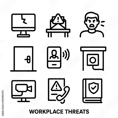 Workplace Threat Icons. Outline icon set of Workplace Threats: broken computer monitor, threatening letter on desk, angry coworker