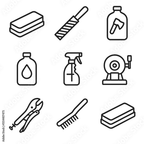 Tool Maintenance Icons. Outline icon set of tool maintenance items: sharpening stone, metal file, axe head oil, handle oil, rust
