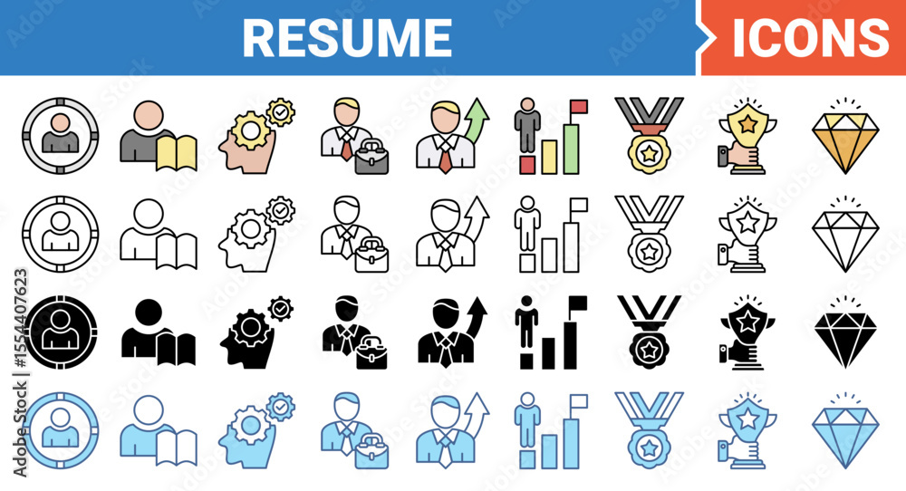 Resume icon set with multiple style collection. Resume icon set with multiple style collection.