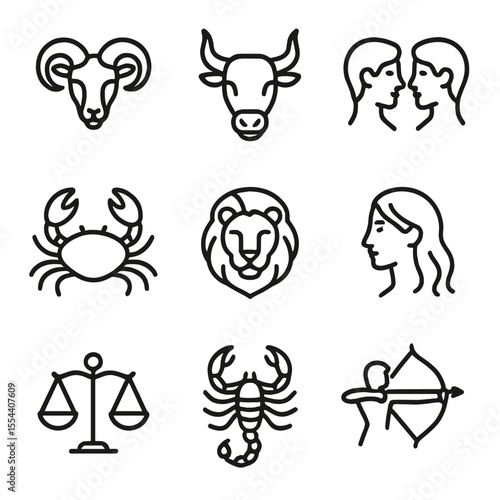 Zodiac Icon Set. Outline icon set of Zodiac Star Signs: Aries ram, Taurus bull, Gemini twins, Cancer crab, Leo lion, Virgo maiden,