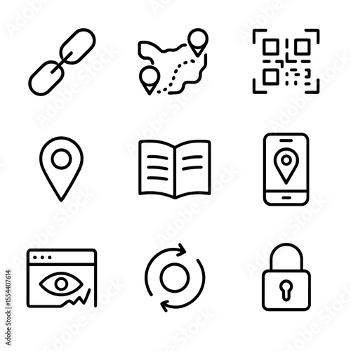 Transparent Tracking Icons. Outline icon set of transparent tracking: blockchain chain link, supply chain map, QR code scan, GPS