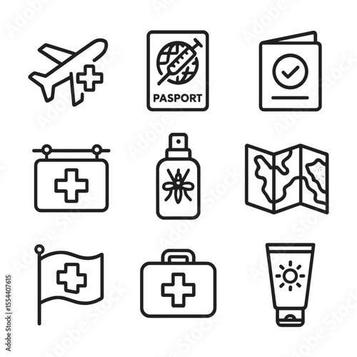Travel Vaccination Icons. Outline icon set of Travel Vaccinations and Health: airplane with medical cross, passport with vaccine