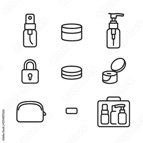 Travel-Sized Cosmetic Icons. Outline icon set of Travel-Size Cosmetic Containers: mini spray bottle, sample jar, travel pump