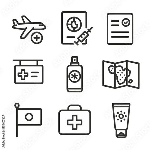Travel Vaccination Icons. Outline icon set of Travel Vaccinations and Health: airplane with medical cross, passport with vaccine