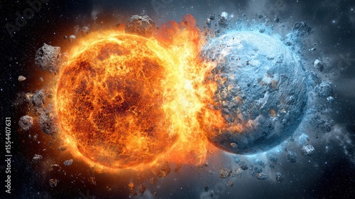 Two celestial spheres, one fiery and one icy, collide mid-space with explosive debris scattering around them.
