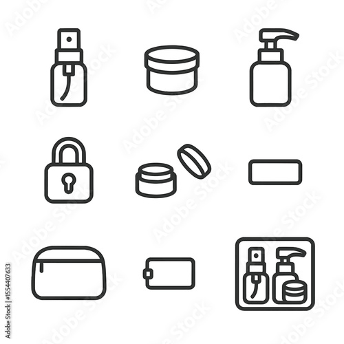 Travel-Sized Cosmetic Icons. Outline icon set of Travel-Size Cosmetic Containers: mini spray bottle, sample jar, travel pump