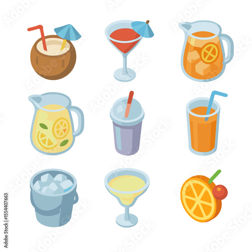 Tropical Beverage Icons. Isometric Flat icon set of Tropical Poolside Beverages: coconut drink, cocktail glass with umbrella, iced