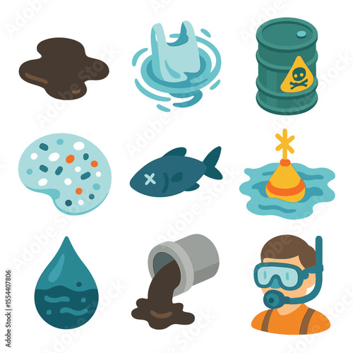 Underwater Pollution Icons. Isometric Flat icon set of underwater pollution threats: oil slick, plastic bag swirl, chemical barrel