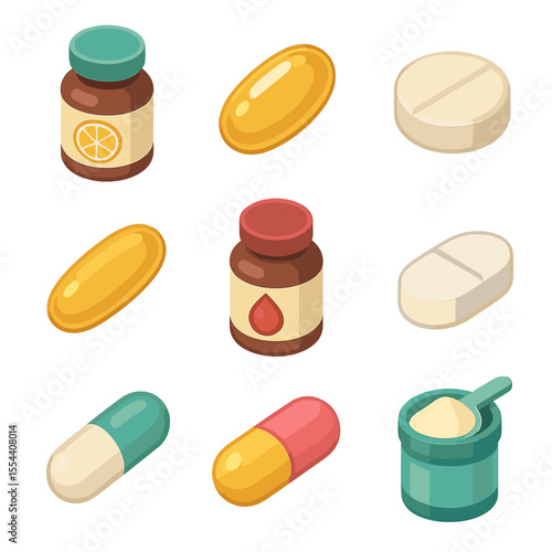Vitamin Icon Set. Isometric Flat icon set of vitamin supplement types: vitamin C bottle, vitamin D softgel, multivitamin tablet,