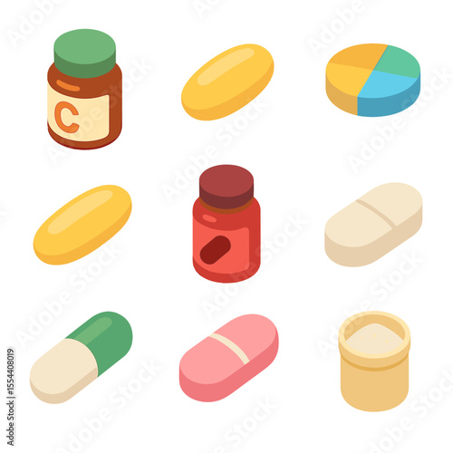 Vitamin Icon Set. Isometric Flat icon set of vitamin supplement types: vitamin C bottle, vitamin D softgel, multivitamin tablet,