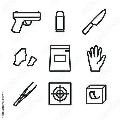 Weapon Icon Collection. Outline icon set of Weapon Evidence Collection: handgun silhouette, shell casing, knife outline, bullet