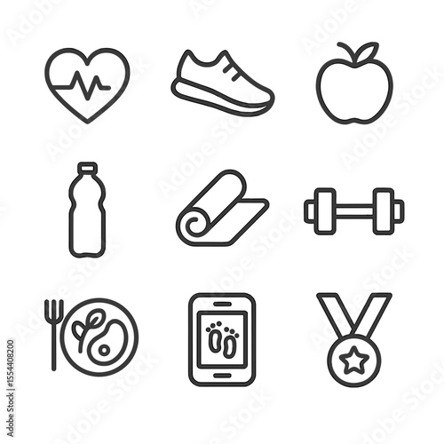 Wellness Icon Set. Outline icon set of wellness and health incentives: heart pulse monitor, running shoe, apple icon, water bottle