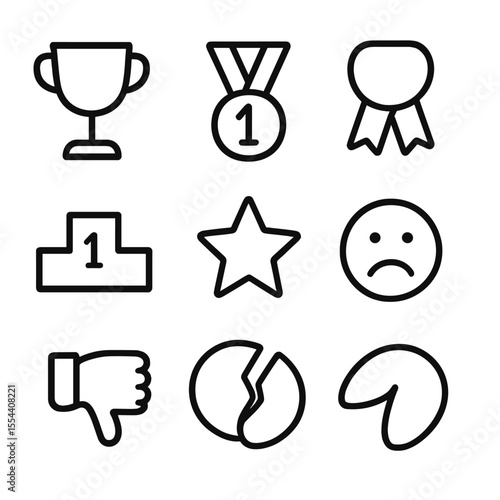 Winners and Losers Icons. Outline icon set of winners and losers: trophy, medal, ribbon, first place podium, gold star, sad face,
