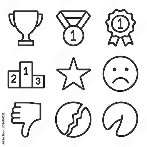 Winners and Losers Icons. Outline icon set of winners and losers: trophy, medal, ribbon, first place podium, gold star, sad face,