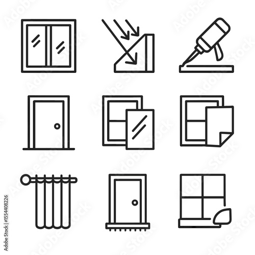 Window and Door Upgrades. Outline icon set of window and door efficiency upgrades: double-pane window, low-emissivity glass,