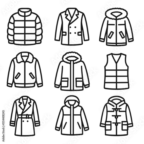 Winter Coat Icons. Outline icon set of winter coats and jackets: puffer jacket, wool pea coat, down-filled parka, shearling-lined