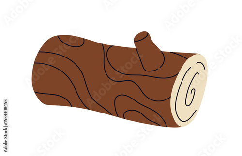 Wood log, cut tree trunk, cross-section. Wooden forest piece with rings, rough bark. Natural timber, lumber, forestry, material for woodworking. Flat vector illustration isolated on white background