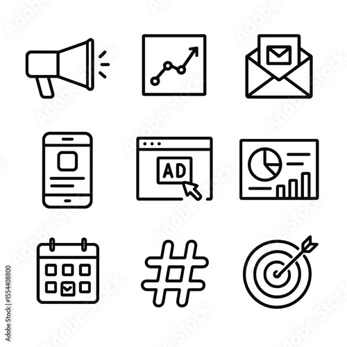 Digital Marketing Icons. Outline icon set of digital marketing fundamentals: megaphone, SEO graph, email campaign, social media