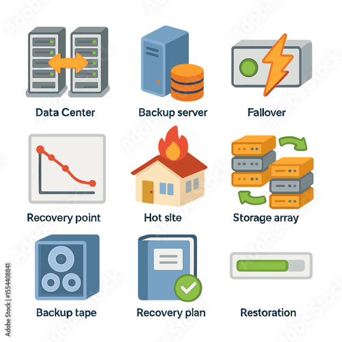 Disaster Recovery Icons. Isometric Flat icon set of disaster recovery planning: data center replication, backup server, failover