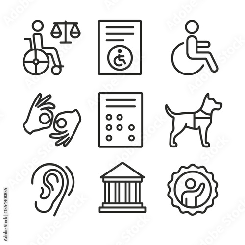 Disability Advocacy Icons. Outline icon set of disability rights legal advocacy: wheelchair scales, ADA certificate, accessibility