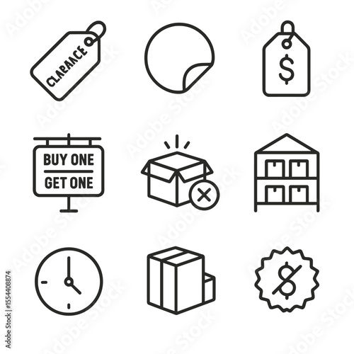 Discount Icon Set. Outline icon set of Discount and Clearance Section: clearance tag, red sticker, markdown price label, “buy one