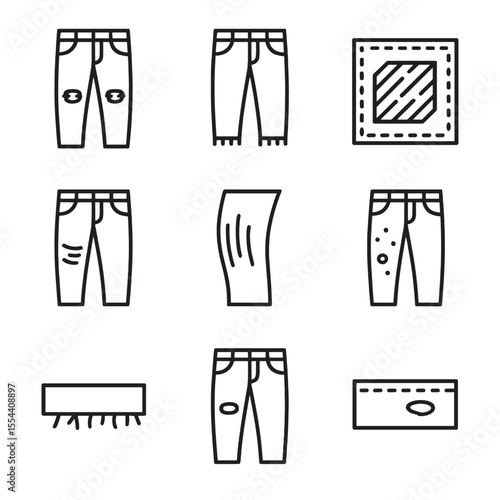 Distressed Denim Icons. Outline icon set of Distressed Denim Features: ripped knees, frayed hems, patched fabric, whiskering