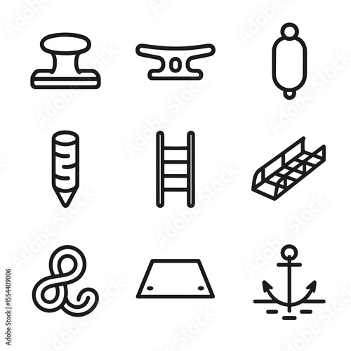 Dock Equipment Icons. Outline icon set of dock equipment: bollard, cleat, fender, piling, ladder, gangway, mooring line, dock