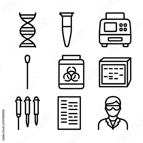 DNA Workflow Icons. Outline icon set of DNA Evidence Workflow: DNA double helix, extraction tube, PCR machine, sample swab,