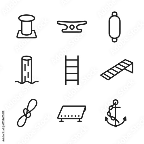 Dock Equipment Icons. Outline icon set of dock equipment: bollard, cleat, fender, piling, ladder, gangway, mooring line, dock